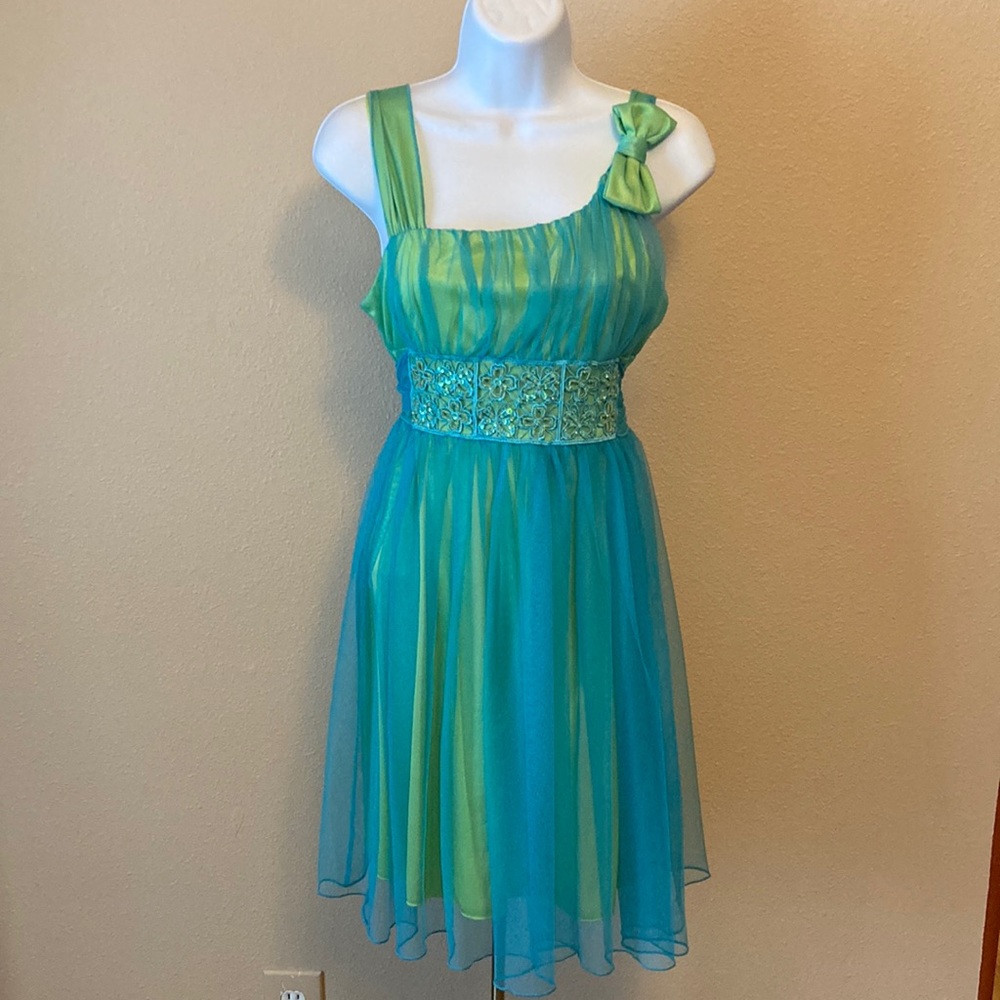 Lime green and blue cocktail party dress
